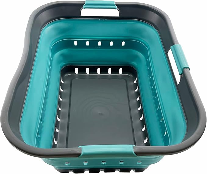 SAMMART 42L (11 gallon) Collapsible Plastic Laundry Basket - Foldable Pop Up Storage Container/Organizer - Space Saving Hamper/Basket (Grey/Crystal Blue)