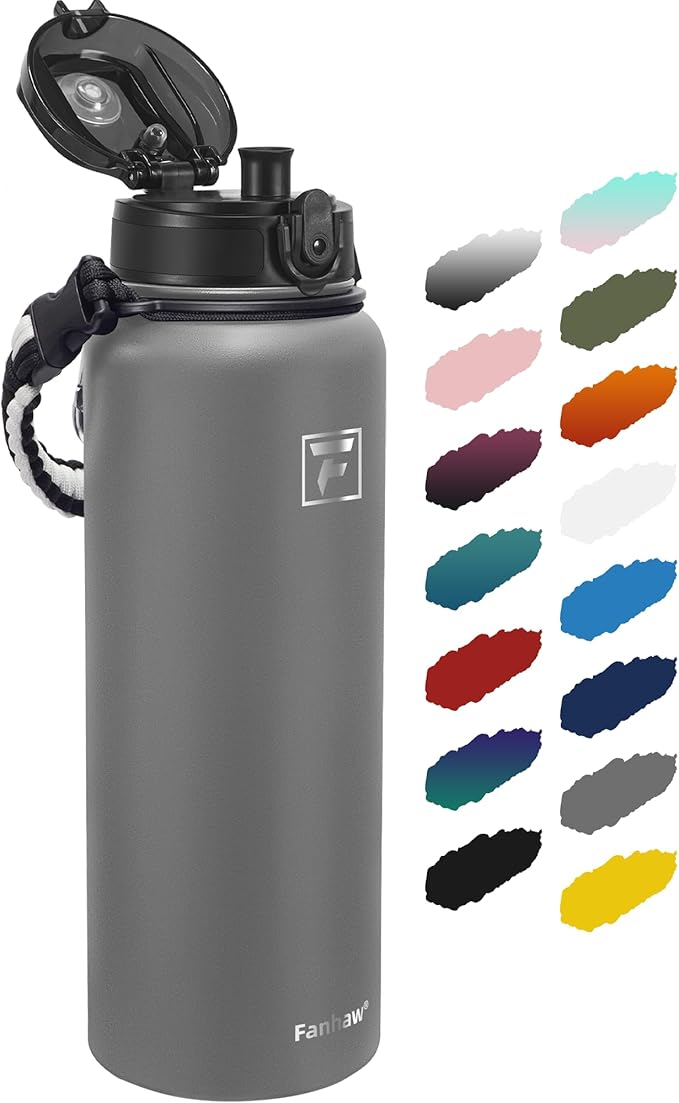 Fanhaw 40 oz Insulated Stainless Steel Water Bottle with Chug Lid, Leakproof & Sweat-Free Extra-Large Metal Bottle for Outdoor, Hiking & Gym (Gray)