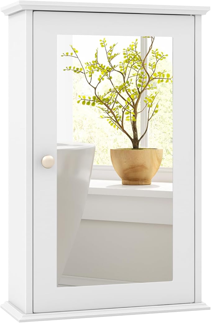 Tangkula Bathroom Medicine Cabinet with Mirror, Wall Mounted Single Mirror Door Storage Cabinet w/Adjustable Shelf, Wall Cabinet w/Reversible Door for Bathroom Living Room Hallway (White)