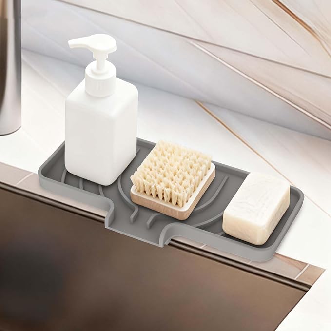 GUUKIN Sponge Holder for Kitchen Sink , 9.8"×4.9" Silicone Dish Drying Mat, Scrub Daddy Holder, Kitchen Sink Accessories, Suitable for Kitchens & Bathrooms (Grey)