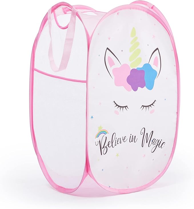 TECHMILLY Collapsible Mesh Pop Up Laundry Hamper with Sturdy Handles and Side Pocket - Portable Foldable Clothes Baskets for Dorm, Bathroom & Travel Storage (Unicorn)