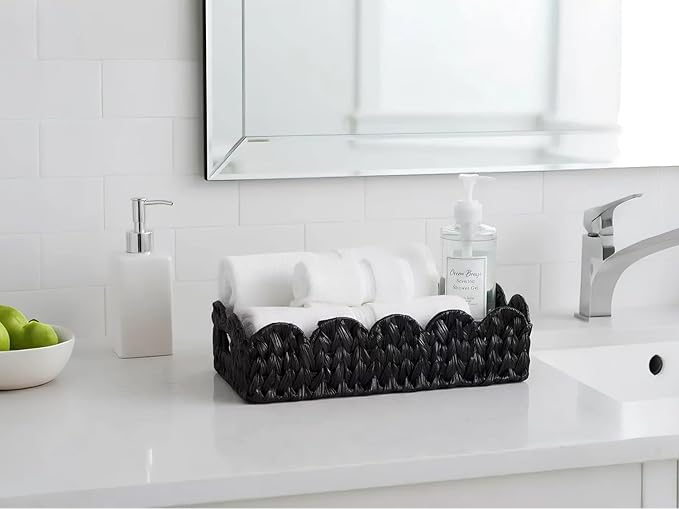 Black Toilet Basket,Scalloped Wicker Basket for Toilet Paper Storage,Small Slim Storage Baskets for Shelf,Bedroom,Living Room,Rectangle