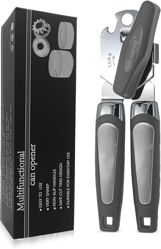 Safring Can Opener Manual, Handheld Strong Heavy Duty Stainless Steel Can Opener, Comfortable Handle, Sharp Blade Smooth Edge, Can Openers with Multifunctional Bottle Opener, Aqua Sky