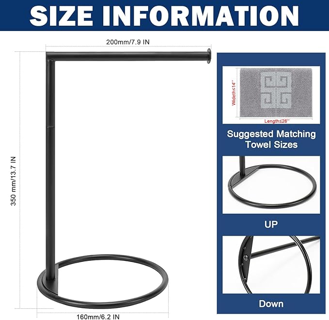 NearMoon Hand Towel Holder Stand, Thicken Metal L Shape Hand Towel Rack, Small Towel Ring, Stable Standing Towel Bar for Bathroom Kitchen Vanity Countertop, 8” L 14” H (Matte Black, 3 Pack)