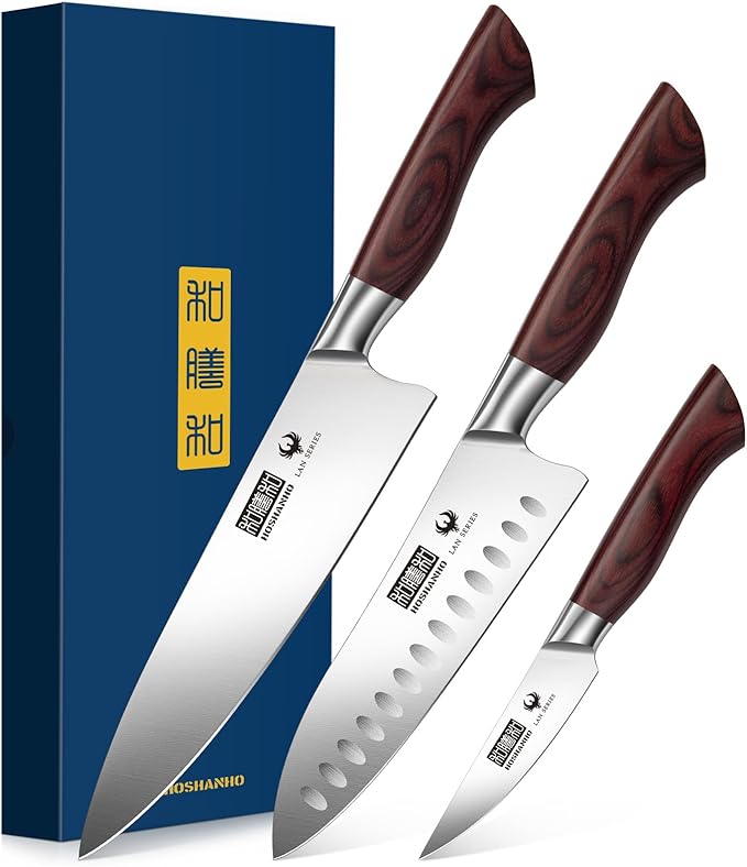 HOSHANHO 3PCS Kitchen Knife Set, Ultra Sharp Chef/Santoku/Paring Knives