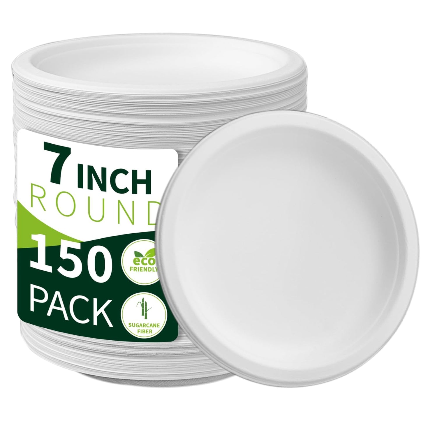 7 Inch Compostable Paper Plates 【White 150 Pack】, 100% Sugarcane Bagasse Small Dessert Plates, Bulk Disposable Plates, Sturdy Heavy Duty, Biodegradable Dinnerware for Party, Picnic, BBQ