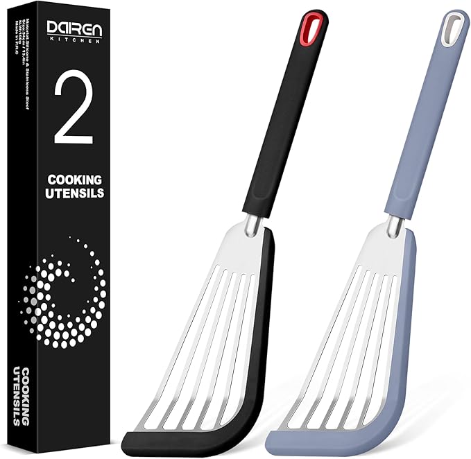 Fish Spatula Turner,Thin Slotted,Stainless Steel With Silicone Edge,2 Pack