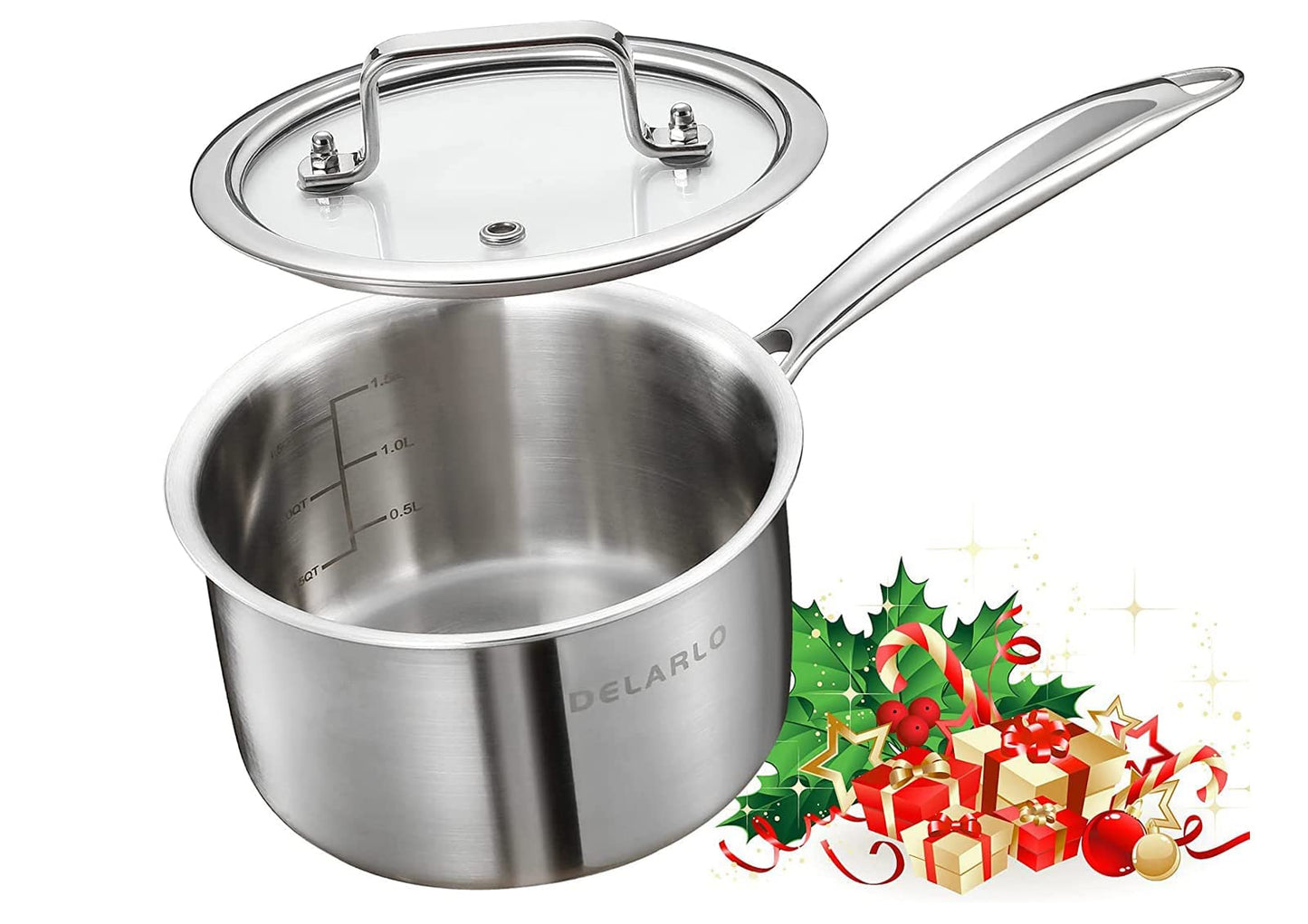 DELARLO Full-body Clad Tri-Ply Stainless Steel 3 Quart Saucepan with Lid
