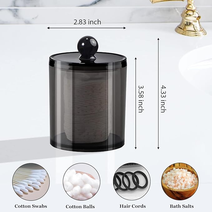 SheeChung 3-Pack Qtip Holder Black,Plastic Qtip Dispenser with Lids,Apothecary Jars with Labels,Minimalist Shatterproof Bathroom Organizer Set for Cotton Swabs,Balls,Pads,Bathroom Accessories