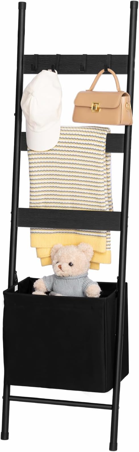 HOOBRO Blanket Ladder with Basket, 17.3”L x 63.4”H, Towel Rack with Hooks, Blanket Holder Rack, Decorative Ladder Shelf, Drying and Display Rack for Bathroom, Living Room, Black BB31CJ01