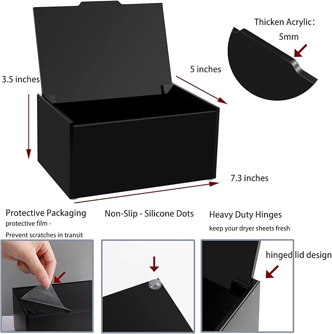 rejomiik Dryer Sheet Holder Acrylic Dryer Sheet Dispenser Container Box with Lid for Laundry Room Fabric Softener Sheets Storage Organization, Black