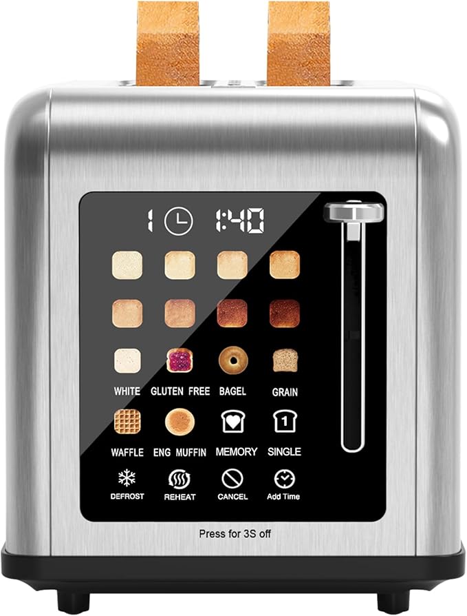2 Slice Toaster Touch Screen, Stainless Steel Toasters Digital Timer 2 Slot Toasters, 8 Shade Settings 6 Bread Types for Bagel, Cancel, Defrost (Grey)