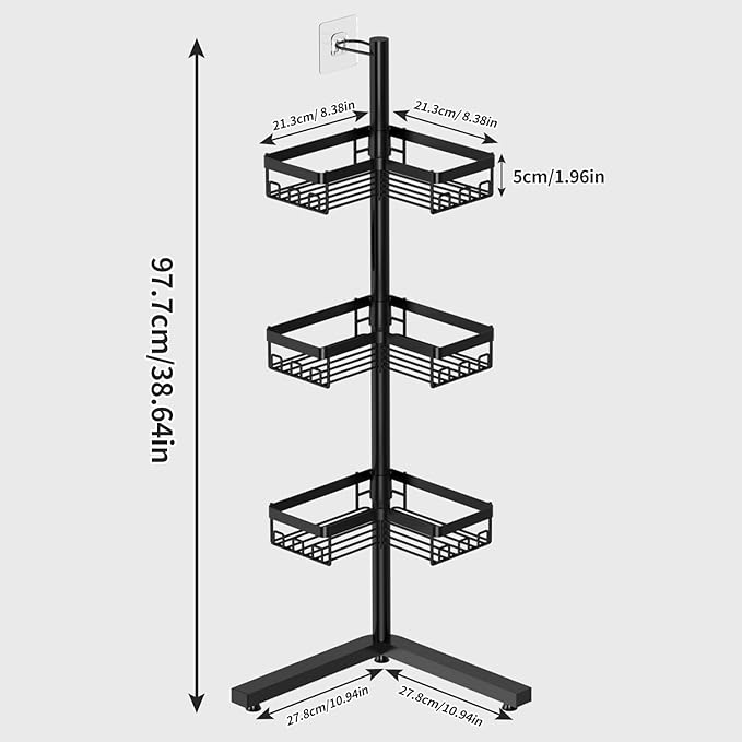 Floor Corner Shower Caddy, 3-Tier Rustproof Shower Shelf Organizer with Hooks, Free-Standing Bathroom Storage Rack for Shampoo & Toiletries, Black