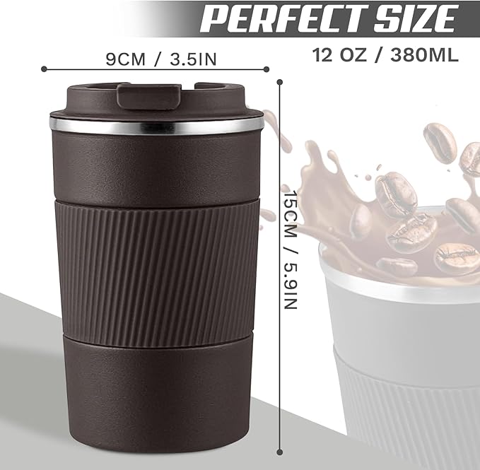 Vacuum-Insulated Stainless Steel Travel Coffee Mug, Leak-Proof Reusable Coffee Cup with Lid - Keep Hot & Cold Drinks for Hours, Durable Insulated Tumbler for Men & Women(3rd-Dark Coffee, 12OZ)