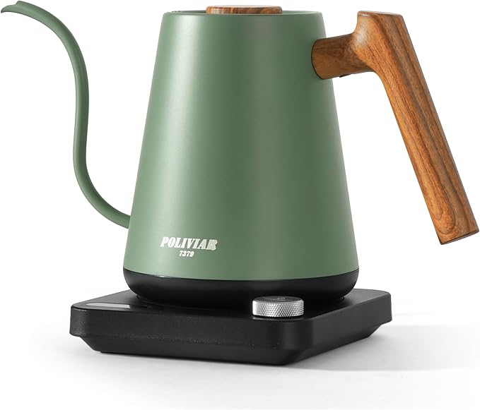 POLIVIAR Electric Gooseneck Kettle, Wood Pattern Handle, White