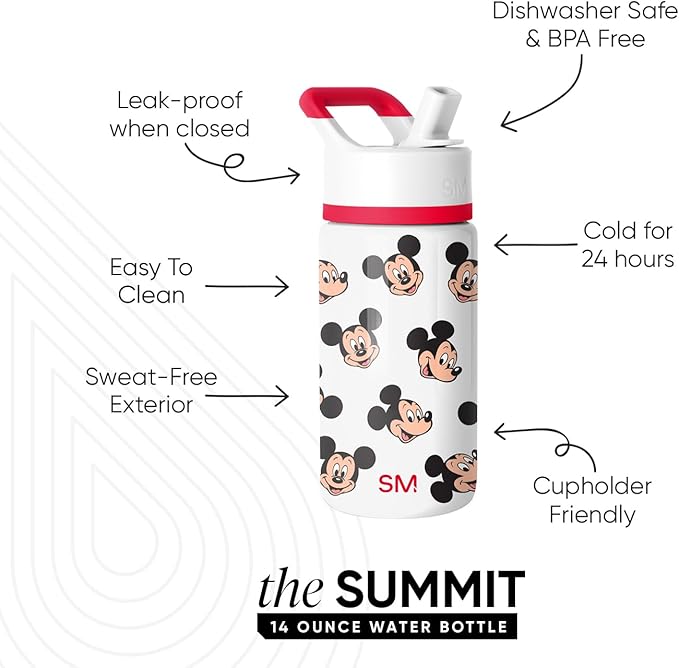 Simple Modern Kids Summit Water Bottle with Straw Lid | Disney Mickey Mouse 14oz Stainless Steel Cup Insulated Tumbler for Boys, Girls, School | Mickey Mouse Fun