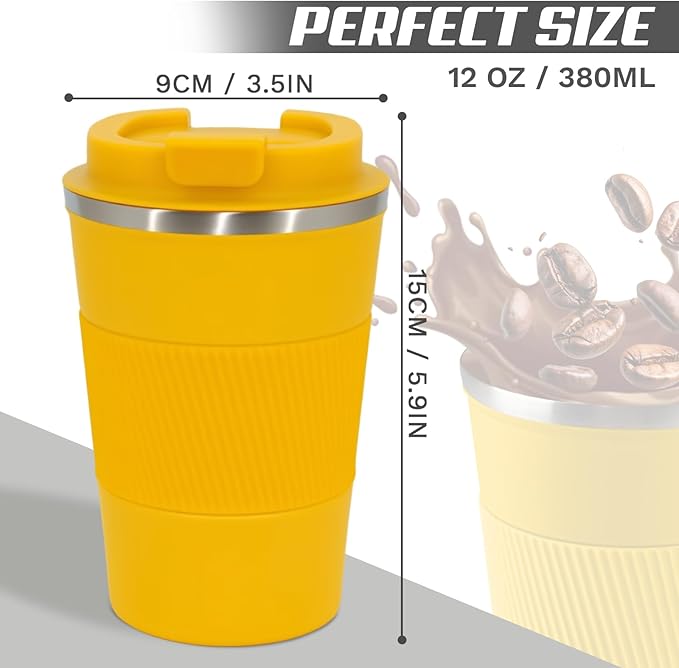 Vacuum Insulated Travel Coffee Mug, Reusable Stainless Steel Tumbler with Leak-Proof Lid, Keeps Drinks Hot or Cold for Hours, Durable Portable Cup for Men & Women (3rd-Yellow, 12oz)