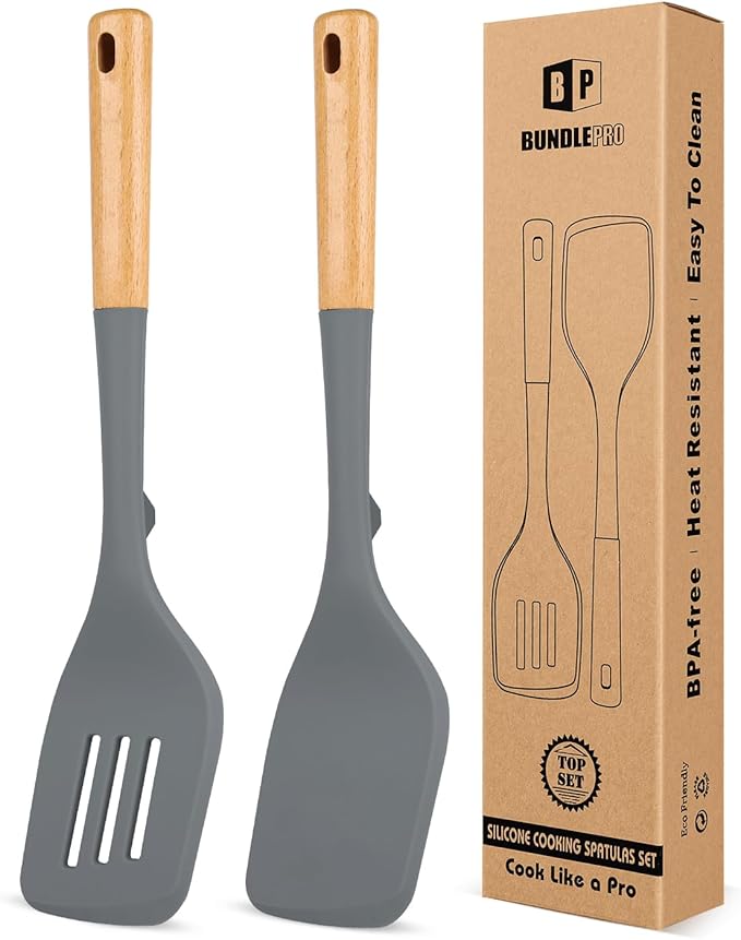 Pack of 2 Large Silicone Spatula, Heat Resistant Solid Turner, Non Stick Slotted Spatulas with Wooden Handle, Ideal Kitchen Utensils for Flipping, Pancakes, Eggs, Fish(KHAKI)