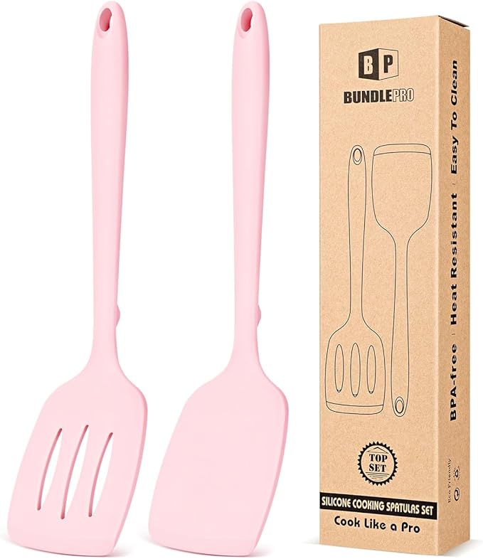 Pack of 2 Silicone Spatula Turners, Non Stick Slotted Kitchen Spatula Set, Heat Resistant BPA Free Kitchen Utensils, One-Piece Design, Suitable for Flipping Fish, Eggs, Steak, Pancakes (GREEN)