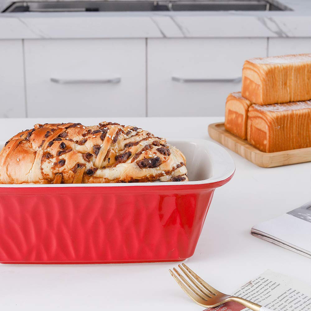 KOOV Ceramic Loaf Pan, Bread Baking Pan, 9 x 5 inch Baking Dish, Rectangular Bakeware for Cooking, Home Kitchen, Texture Series(Red)