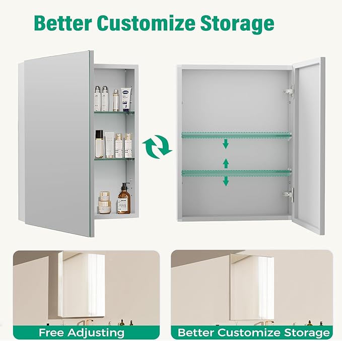24 x 32 Inch Medicine Cabinet Mirror,Bathroom Mirror Cabinet with Adjustable Shelves, Aluminum Silver Medicine Cabinets for Bathroom,Recessed or Wall Mounted Medicine Cabinets