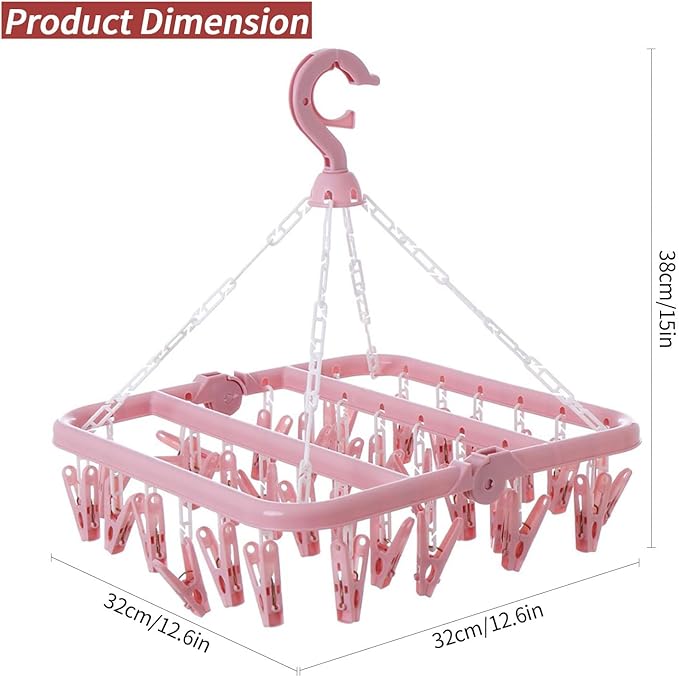 Clothes Drying Rack with 32 Clips, Foldable Hanging Rack, 360° Rotatable Hook for Drying Socks Baby Clothes Towels Gloves(Light Pink)
