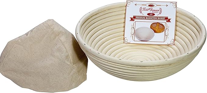 Saint Germain Bakery Premium Round Bread Banneton Basket with Liner - Perfect Brotform Proofing Basket for Making Beautiful Bread (8 inch)