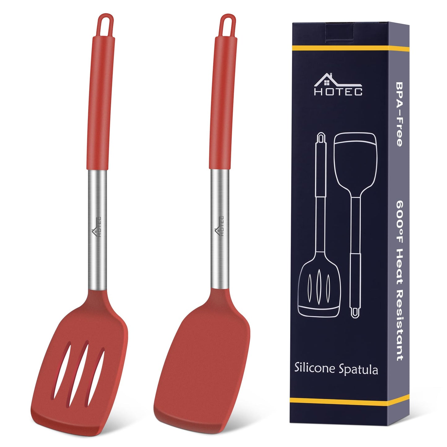 HOTEC Silicone Spatula Set of 2 Heat-Resistant 600°F & BPA-Free Kitchen SaptulaTurner with Stainless Steel Handles, Slotted & Solid Spatulas for Nonstick Cookware, 13.7 Inch, Khaki