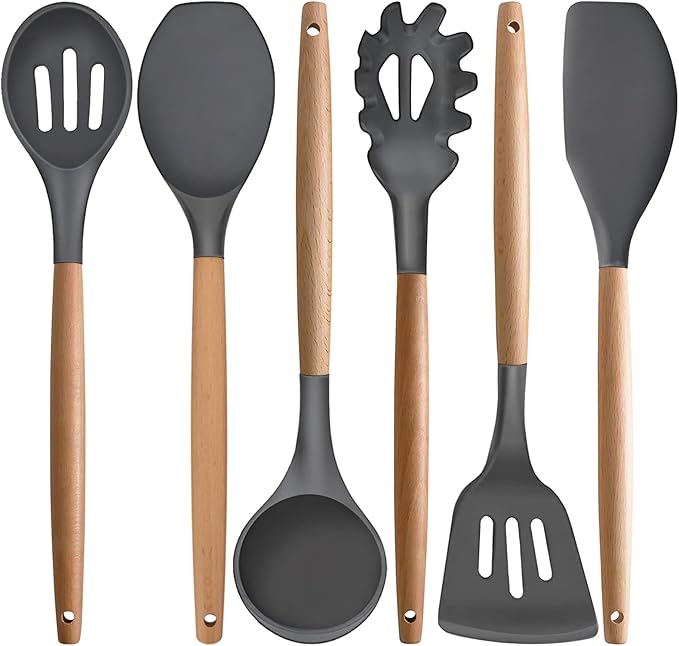 IOCBYHZ Silicone Cooking Utensils Set 5Pcs Non-Stick Silicone Kitchen Utensils for Cooking, Heat Resistant Kitchen Gadgets Spatula Spoon Turner Set with Wooden Handles for Non-Stick Cookware BPA Free