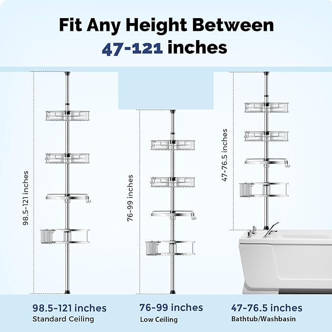 HAMITOR Corner Shower Caddy Tension Pole: Quick Installation 4-Tier Rustproof Bathroom Organizer Shelves for Bathtub Shampoo Storage - 47-121 inch Adjustable Floor Standing Bath Rack Holder - Silver
