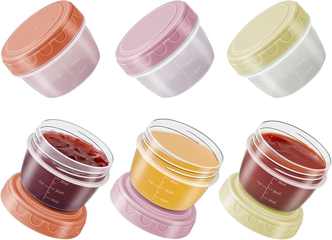 Salad Dressing Container to Go with lids,Dishwasher and Microwave Safe Tiny Condiment Containers with Graduated Lines, Reusable and Leakproof Small Sauce Containers for Lunch Box 6 Pcs 2.7 OZ Mixed 2