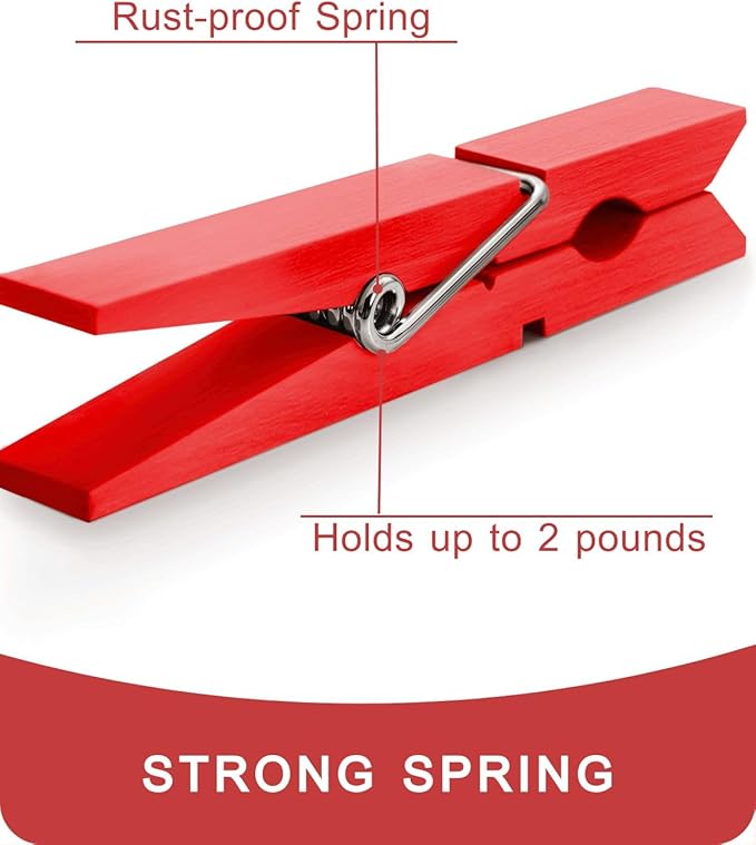 Clothes Pins, Red Colored Wooden Clothespins for Arts and Crafts, Wreath, Strong Grip Close Pins Birchwood Clips Clothespin Clothing Pegs for Hanging Baby Clothing Photos, 2.83 Inch, Pack of 50