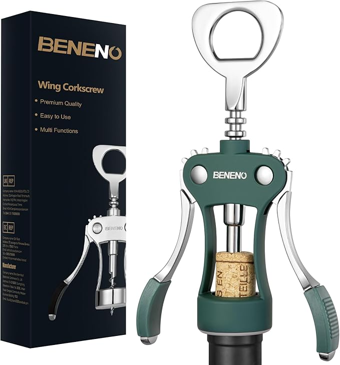Beneno Wine Opener, Premium Wing Corkscrew Wine Bottle Opener, Dark Green