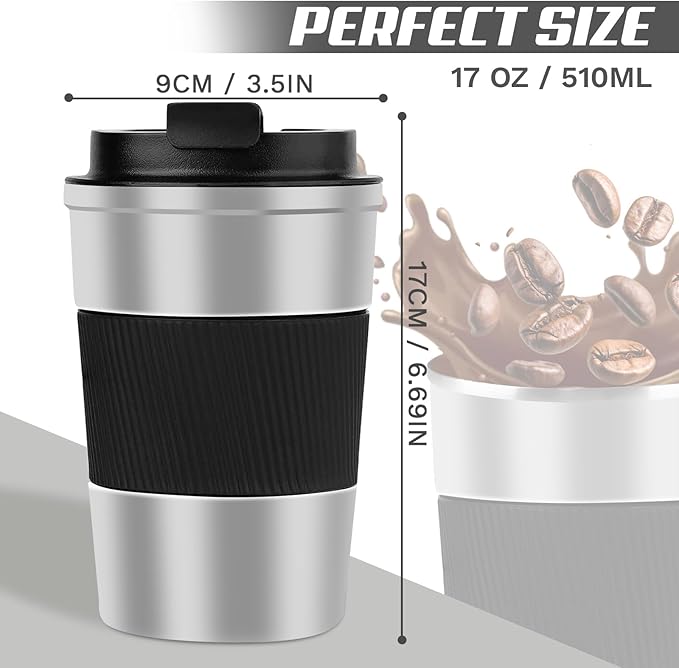 Vacuum-Insulated Stainless Steel Travel Coffee Mug, Leak-Proof Reusable Coffee Cup with Lid -Keep Hot & Cold Drinks for Hours, Durable Insulated Tumbler for Men & Women(3rd-Silver black, 17OZ)