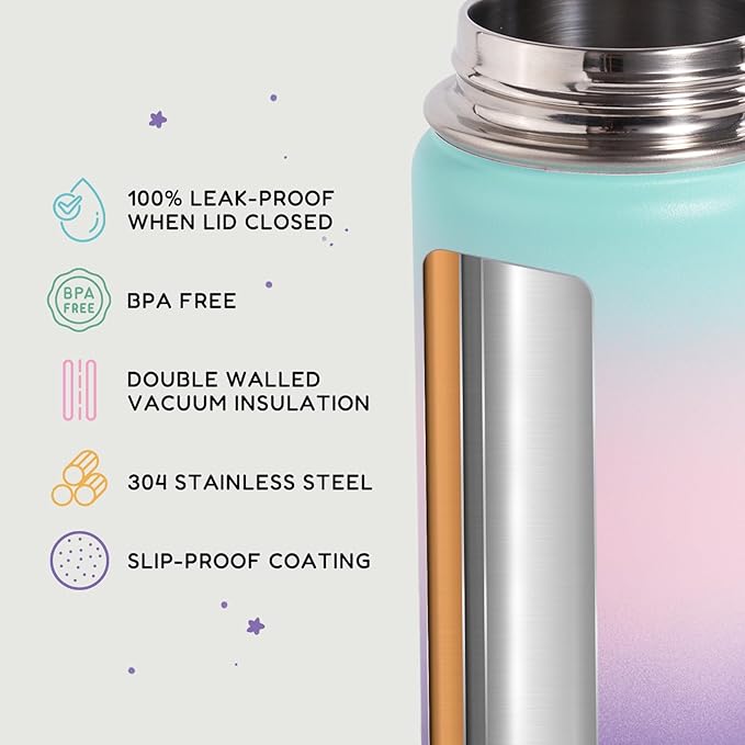 12oz Kids Water Bottle for School, Toddler Water Bottles with Straws, Insulated Water Bottles for Boys&Girls, Stainless Steel Vacuum Insulated Bottle for Kids, Leak-Proof, BPA-Free, aurora