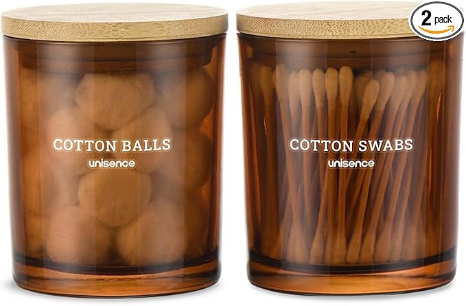 Glass Qtip Holder 2 Pack , Qtip Holder Dispenser Bathroom Set Bathroom Organizers and Storage Q tip Holder with Lid Makeup Storage Organizer for Cotton Swabs,Cotton Balls,Pads ,Amber
