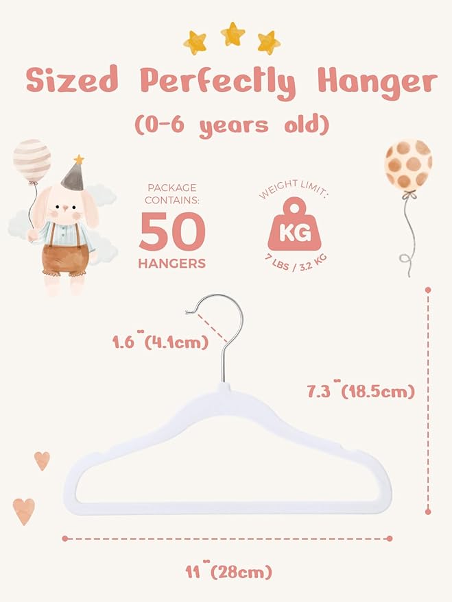HOUSE DAY 11 Inch Velvet Baby Hangers 50 Pack White, Premium Kids Hangers for Children, Infant & Toddler Clothes, Durable Non Slip Small Baby Felt Hanger for Closet, Ideal for Everyday Use