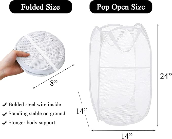 Larpur Pop Up Laundry Hampers, Portable Mesh Laundry Baskets, Collapsible Clothes Laundry Bin for Bedroom, Travel, Bathroom, College Dorm, White - 2 Pack