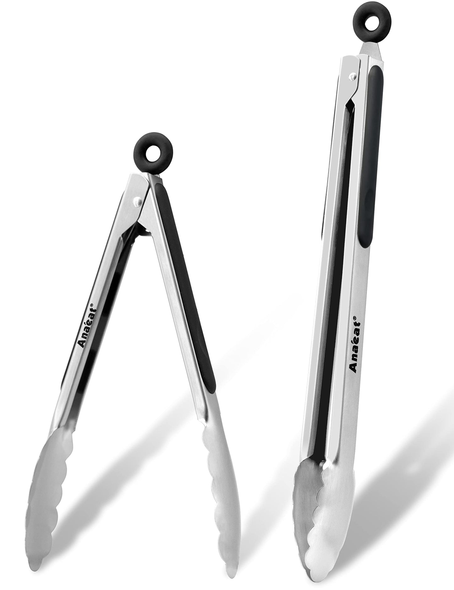 Anaeat Non-Stick Silicone Locking Tong Set of 2 - Stainless Steel 9" and 12" Kitchen Food Tongs with Non-Slip Silicone Tips and Grip for Cooking, Baking and BBQ - Heavy Duty & Heat Resistant (Black)