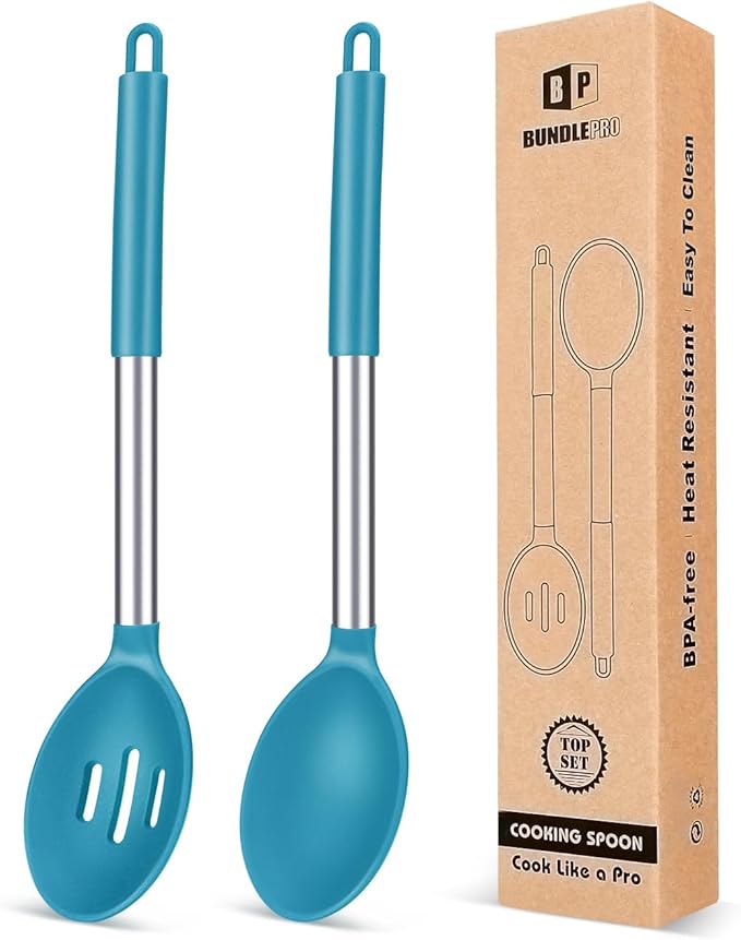 BUNDLEPRO Silicone Cooking Spoons for Nonstick Cookware, 2 Pack, KHAKI