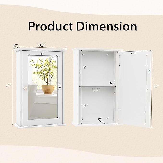 Tangkula Bathroom Medicine Cabinet with Mirror, Wall Mounted Single Mirror Door Storage Cabinet w/Adjustable Shelf, Wall Cabinet w/Reversible Door for Bathroom Living Room Hallway (White)