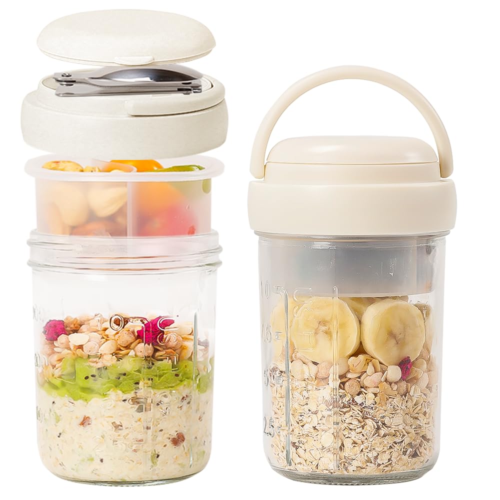 UWILLION 4 Pack Overnight Oats Containers with Handles, 16 oz Glass Mason Jars with Lids, Folding Spoons & Topping Compartments, Yogurt Parfait Cups for Weekly Meal Prep, Chia Pudding & Snacks