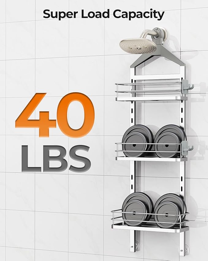 ODesign 3 Tier Height-Adjustable Shower Caddy Hanging Anti-Swing-Over The Shower Head Caddy-Storage Organizer Bathroom Shelves Basket-Silver