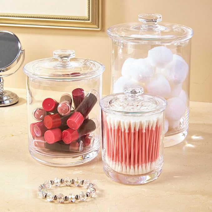 STORi 3-Pack Premium Quality Clear Plastic Qtip and Cotton Ball Holders, 15-oz, 30-oz, and 60-oz Apothecary Jars with Lids, Perfect Containers for Bathroom and Vanity, Set of 3