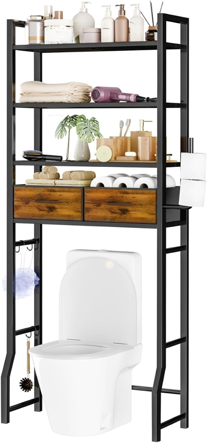 Simple Trending 4 Tier Over The Toilet Storage with Drawers, Heavy Duty Bathroom Stand Organizer Metal Shelves for Laundry, Black