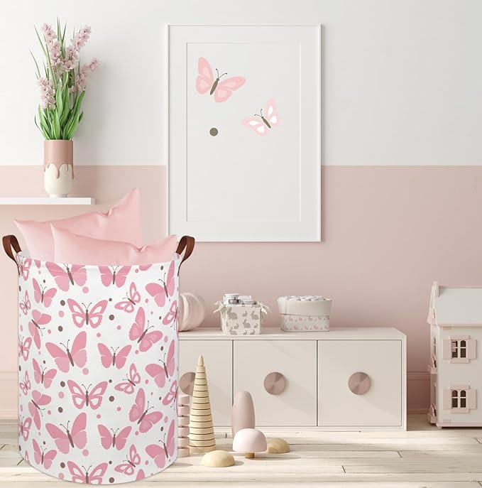 HIYAGON Girls Pink Laundry Baskets Baby Hamper for Nursery Girl Cute Kids Toy Organizer Bins Butterfly Room Decor Bedroom Bathroom(Pink Butterfly)