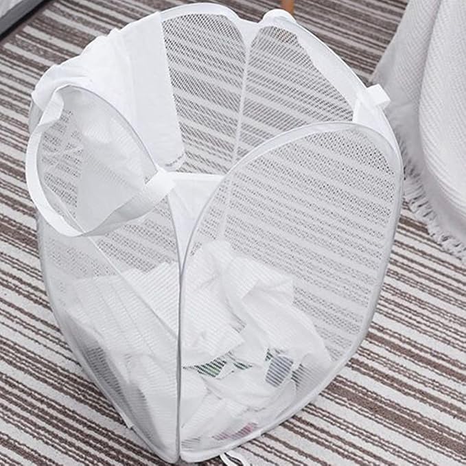 Larpur Popup Laundry Basket, Mesh Clothes Hamper Portable Laundry Hamper with Reinforced Carry Handles, Collapsible for Storage (White)