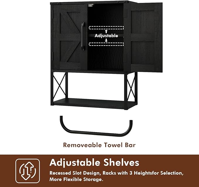 RUSTOWN Farmhouse Rustic Medicine Cabinet with Two Barn Door,Wood Wall Mounted Storage Cabinet with Adjustable Shelf and Towel Bar, 3-Tier Cabinet for Bathroom, Living Room(Black)