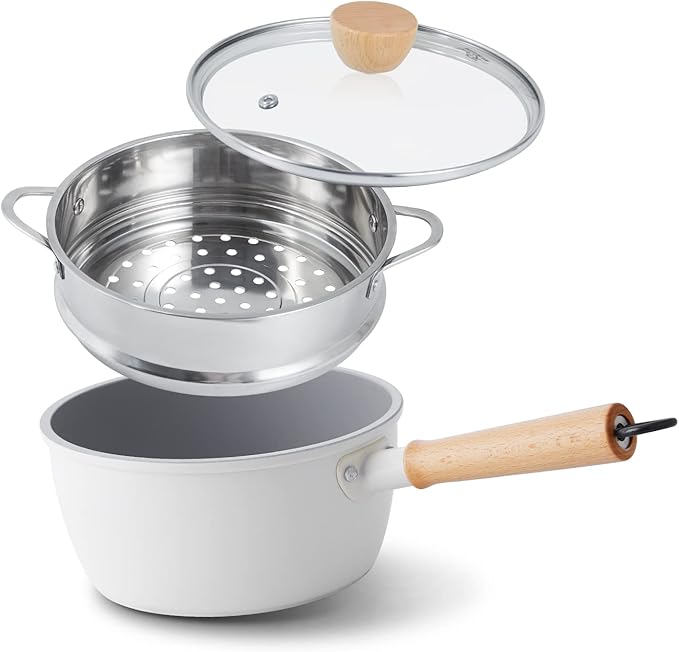 ROCKURWOK Ceramic Nonstick Sauce Pan with Lid, 1.5 Qt Small Pots for Cooking, Small Pot Wooden Handle for Cool Touch, Non Toxic & Pfas-Free Saucepan, Universal Base(Gas, Electric & Induction), White