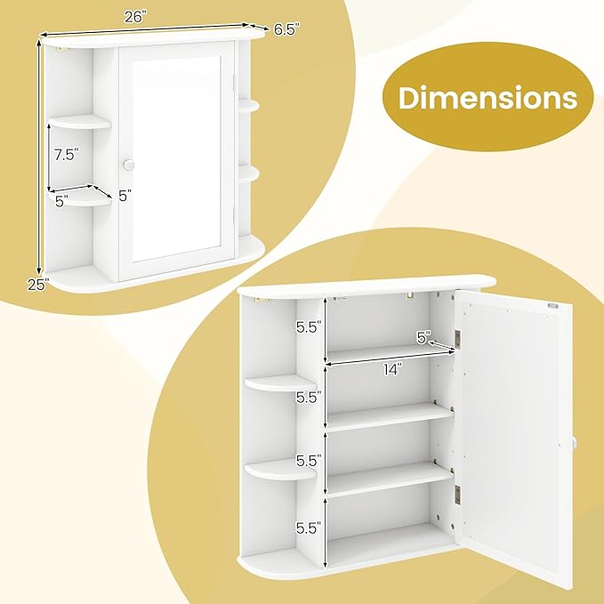 Tangkula Bathroom Medicine Cabinet with Mirror, Modern Wall Mounted Space-Saving Storage Organizer with Mirrored Door, 4 Internal Shelves & 6 Open Side Shelves, Bathroom Wall Cabinet (White)
